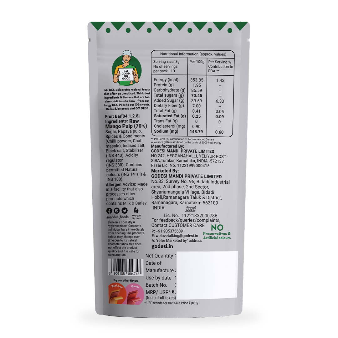 FRUTi Twist - Kaccha Aam | Fruit Bars | No preservatives | Mango Fruit Jelly | Aam Papad - 10 Pcs