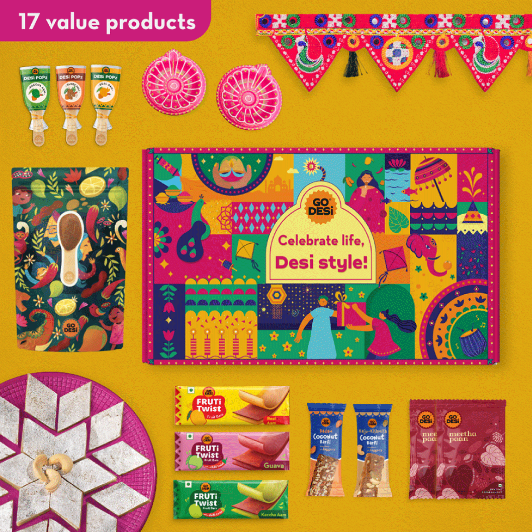 17 Items | DESi Fun Diwali Gift Box | By GO DESi | Diwali Diya Set | Toran | Kaju Katli | DESi POPz: Tangy Imli, Real Aam, Kaccha Aam | Badam Coconut Barfi | Kaju Kishmish Coconut Barfi | Meetha Paan | Fruti Twist: Real Aam, Kaccha Aam, Guava