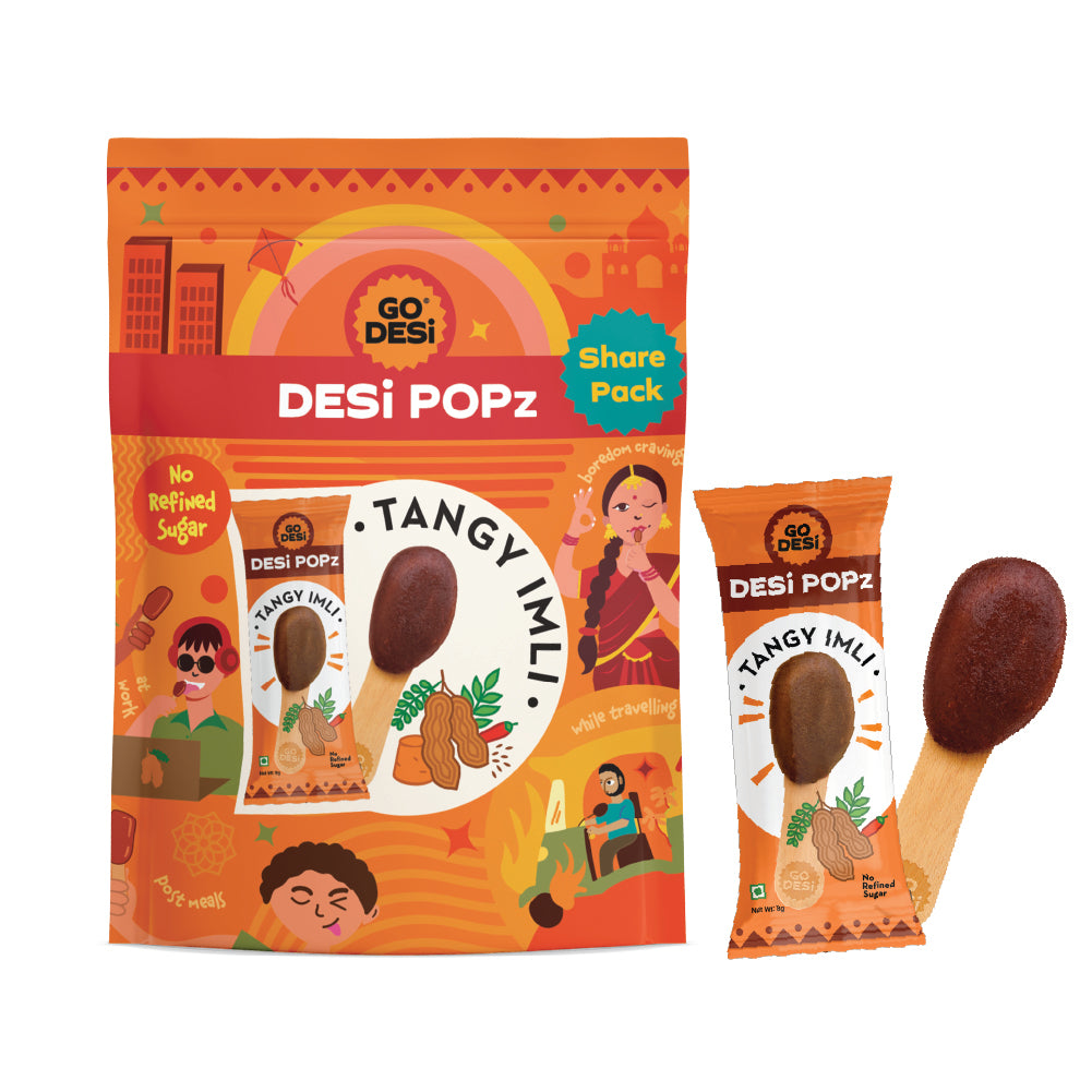 GO DESi Popz - Tangy Imli Popz | Tamarind & Jaggery Candy | Imli Toffee | Lollipop | Digestive Candy | Indian Snacks | 8 Pieces
