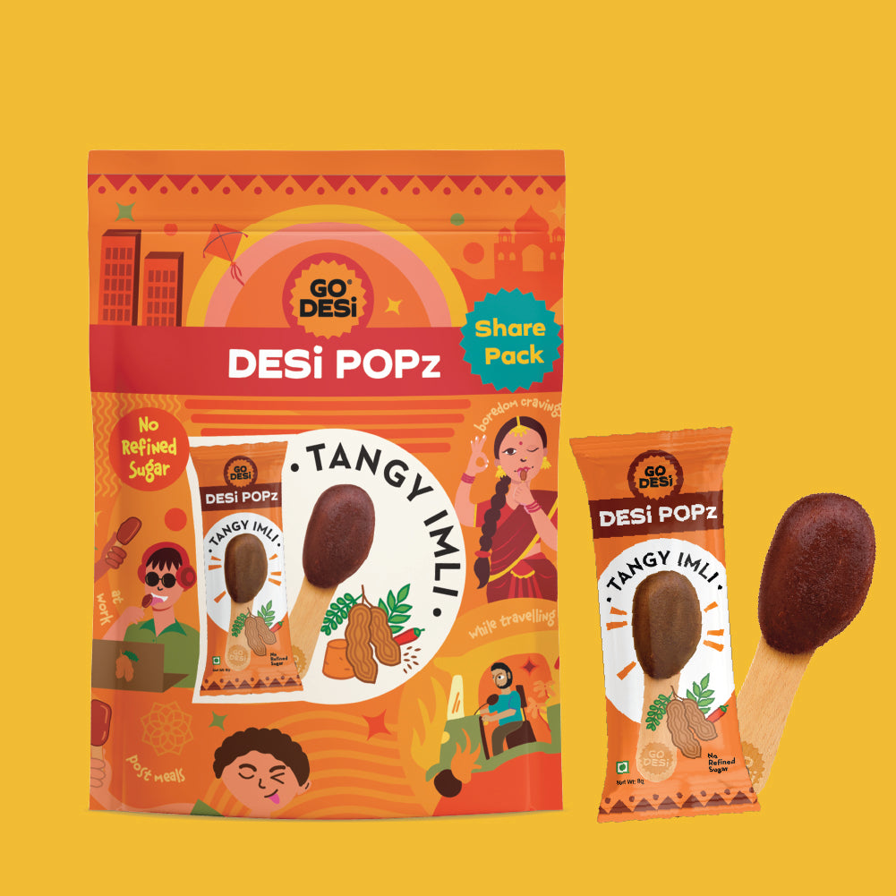 GO DESi Popz - Tangy Imli Popz | Tamarind & Jaggery Candy | Imli Toffee | Lollipop | Digestive Candy | Indian Snacks | 8 Pieces