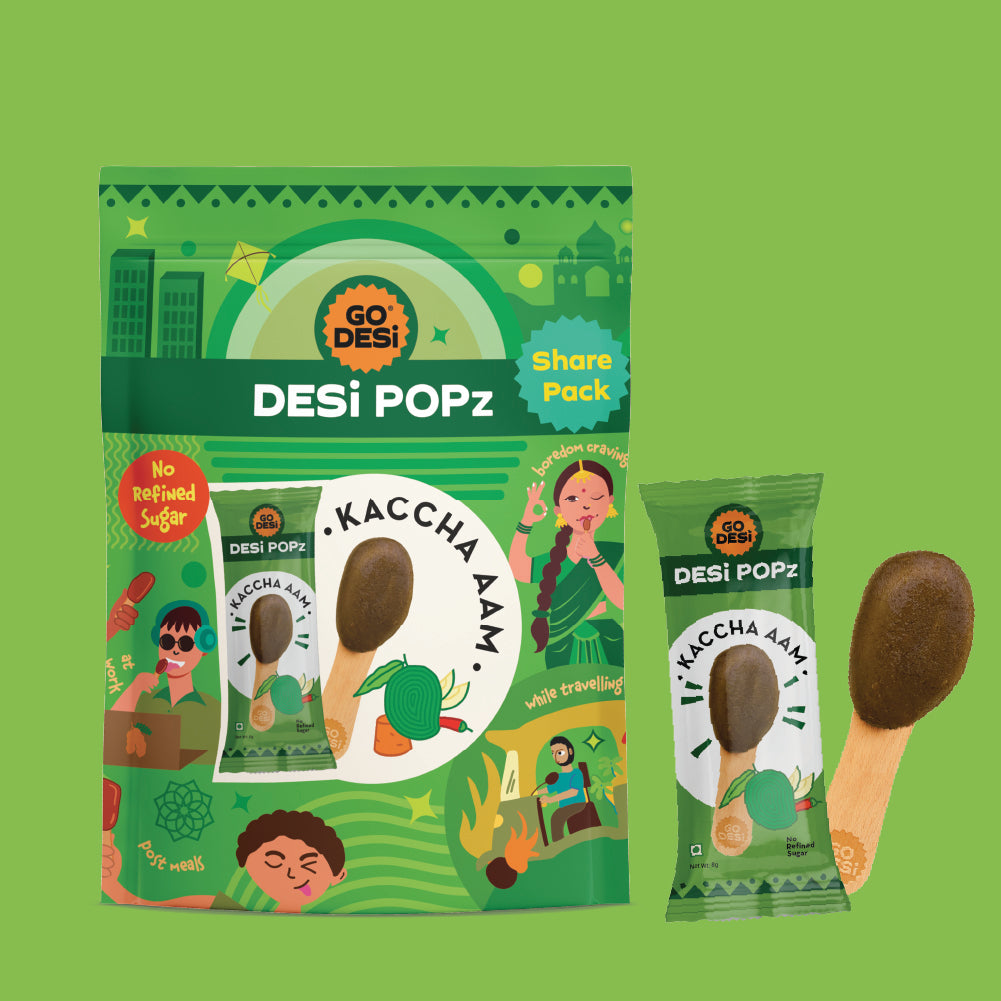 GO DESi Popz - Kaccha Aam Popz | Raw Mango & Jaggery Candy | Raw Mango Toffee | Lollipop | Digestive Candy | Indian Snacks | 8 Pieces
