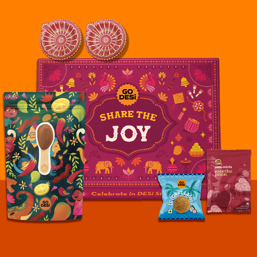 12 Items | Share the Joy Diwali Gift Box | By GO DESi | Diwali Diya Set | Coconut Laddu | DESi POPz: Tangy Imli, Real Aam, Kaccha Aam | Meetha Paan
