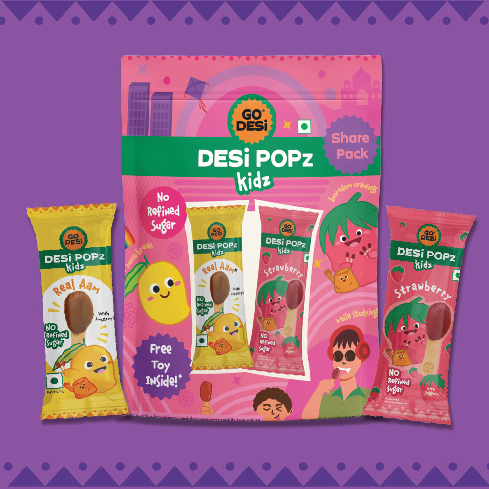 GO DESi Popz - Kids Popz | Strawberry and Real Aam Popz | Strawberry Toffee | Lollipop | Digestive Candy | Indian Snacks | 8 Pieces