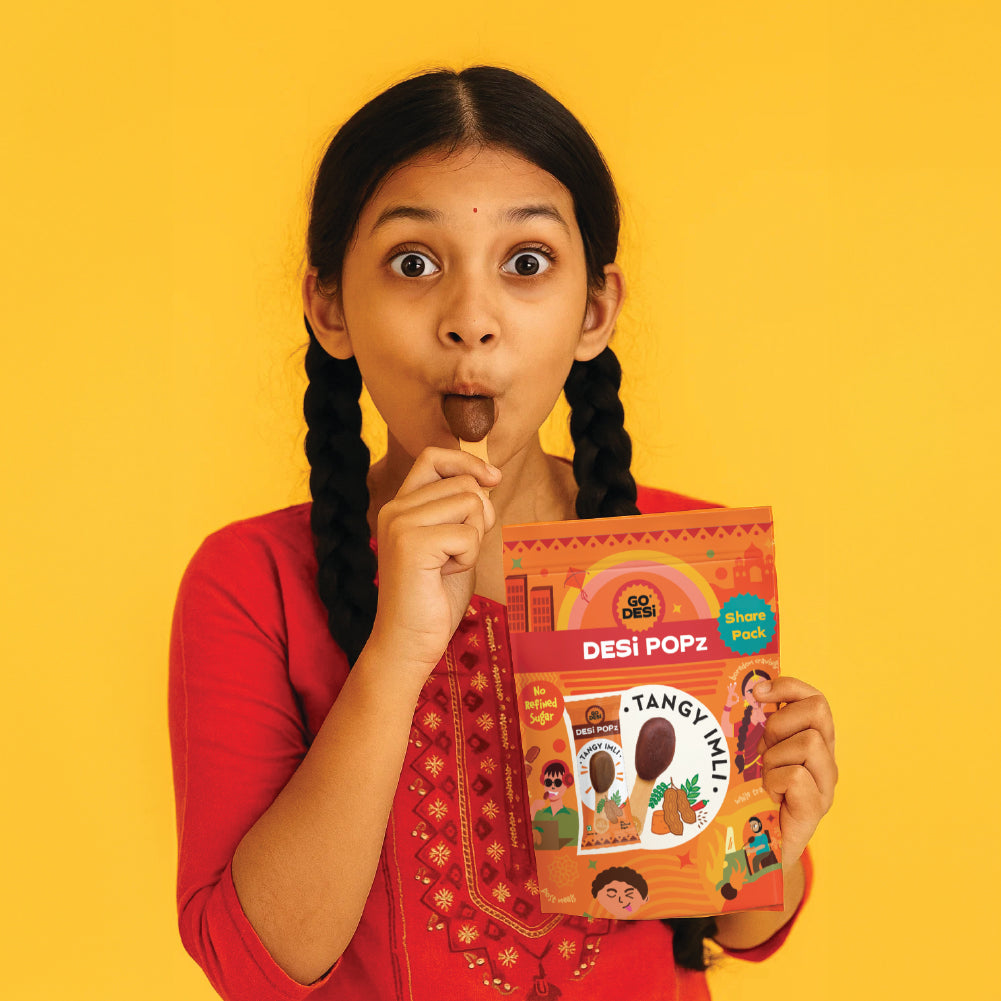 GO DESi Popz - Tangy Imli Popz | Tamarind & Jaggery Candy | Imli Toffee | Lollipop | Digestive Candy | Indian Snacks | 8 Pieces