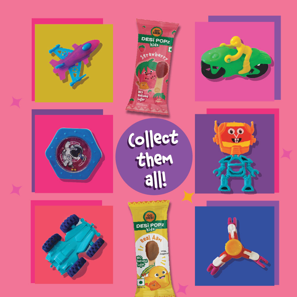 GO DESi Popz - Kids Popz | Strawberry and Real Aam Popz | Strawberry Toffee | Lollipop | Digestive Candy | Indian Snacks | 8 Pieces