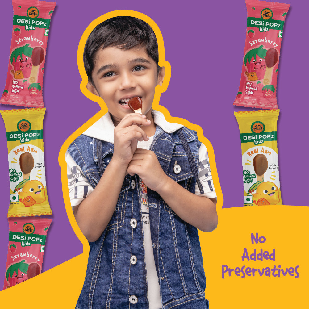 GO DESi Popz - Kids Popz | Strawberry and Real Aam Popz | Strawberry Toffee | Lollipop | Digestive Candy | Indian Snacks | 8 Pieces