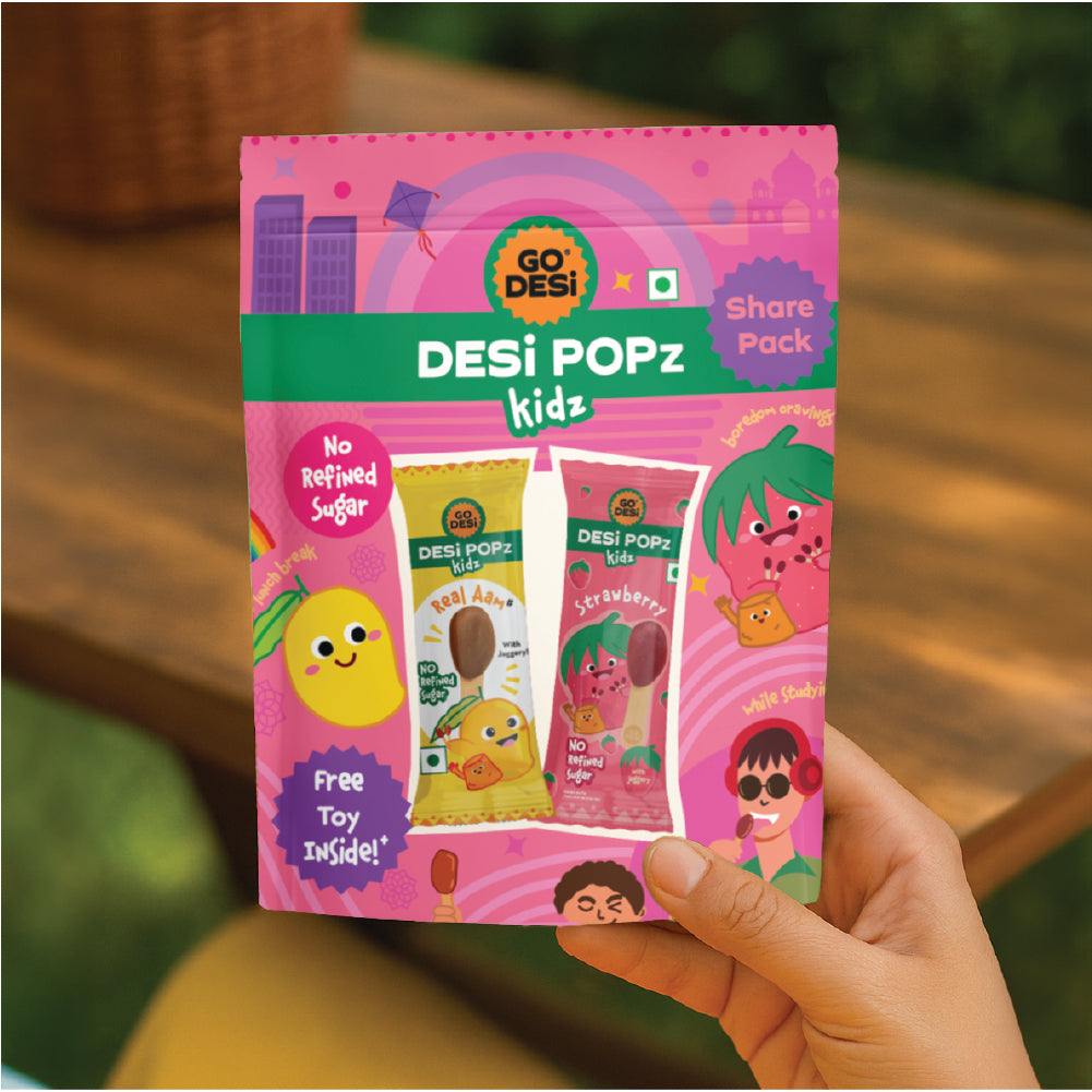 GO DESi Popz - Kids Popz | Strawberry and Real Aam Popz | Strawberry Toffee | Lollipop | Digestive Candy | Indian Snacks | 8 Pieces
