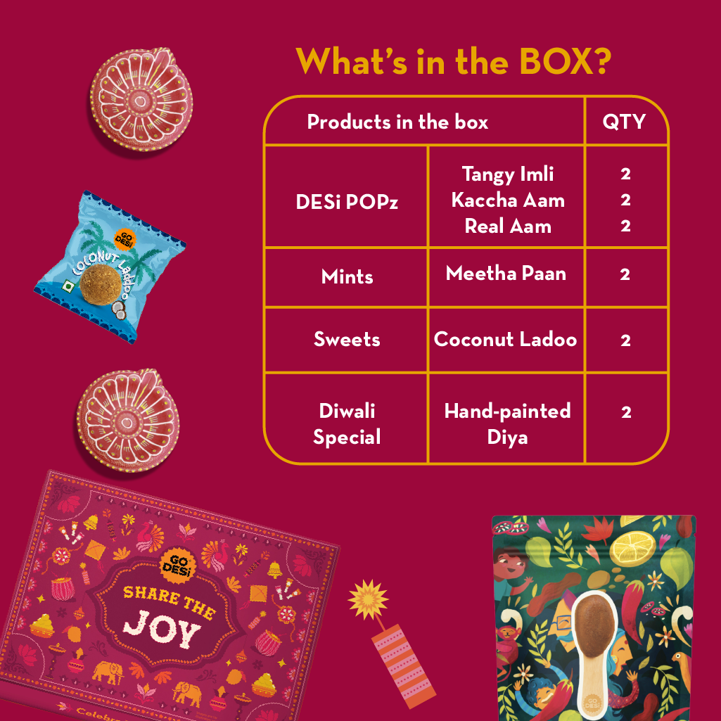 12 Items | Share the Joy Diwali Gift Box | By GO DESi | Diwali Diya Set | Coconut Laddu | DESi POPz: Tangy Imli, Real Aam, Kaccha Aam | Meetha Paan