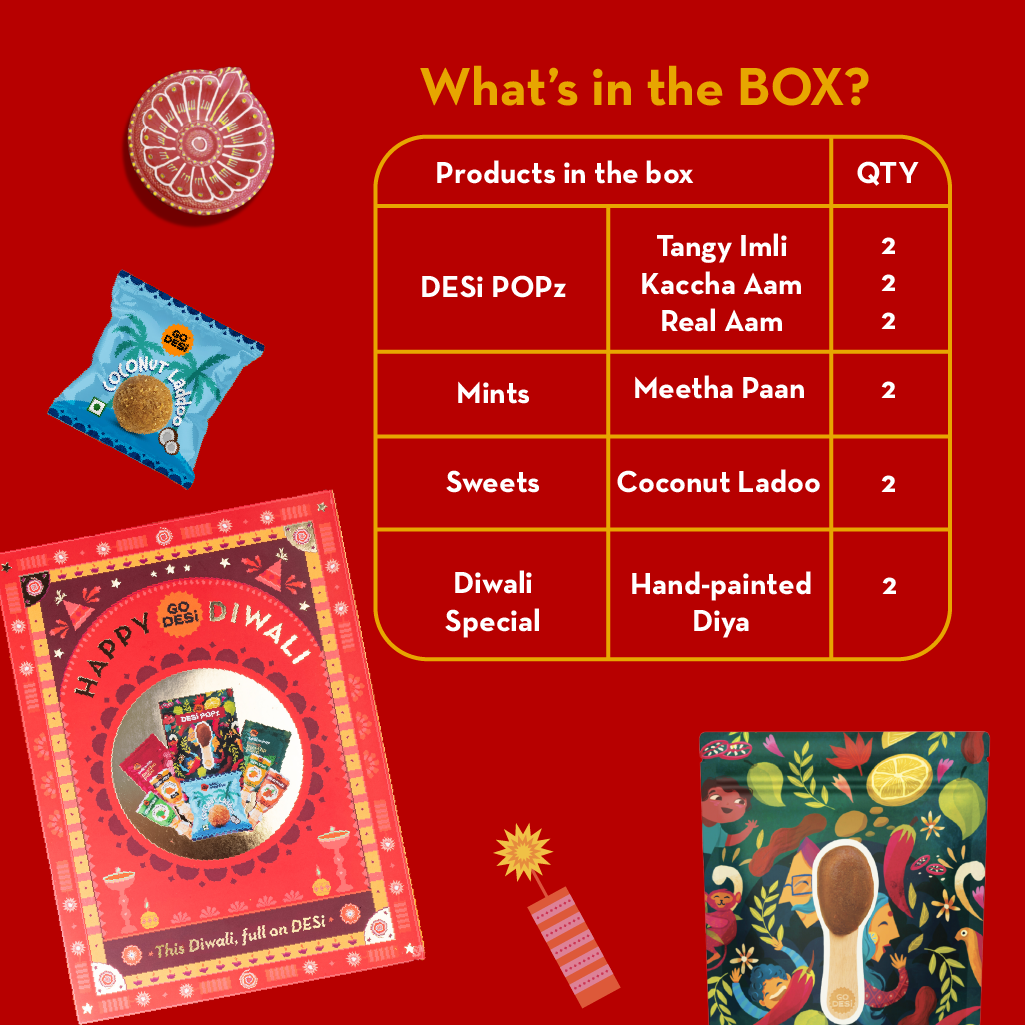 12 Items | Shubh Diwali Gift Box | By GO DESi | Diwali Diya Set | Coconut Laddu | DESi POPz: Tangy Imli, Real Aam, Kaccha Aam | Meetha Paan