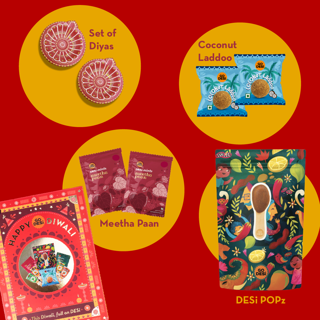 12 Items | Shubh Diwali Gift Box | By GO DESi | Diwali Diya Set | Coconut Laddu | DESi POPz: Tangy Imli, Real Aam, Kaccha Aam | Meetha Paan