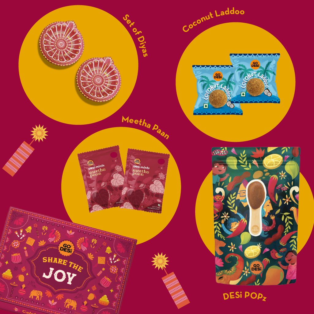12 Items | Share the Joy Diwali Gift Box | By GO DESi | Diwali Diya Set | Coconut Laddu | DESi POPz: Tangy Imli, Real Aam, Kaccha Aam | Meetha Paan