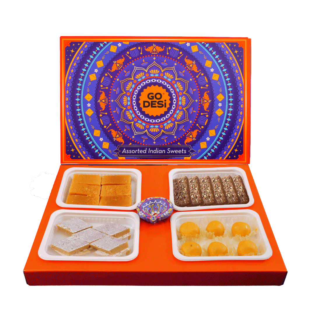 GO DESi - Assorted Meetha Diwali Gift Box | Diwali Diya | Kaju Katli | Besan Laddoo | Mysore Pak | Badam Coconut Barfi