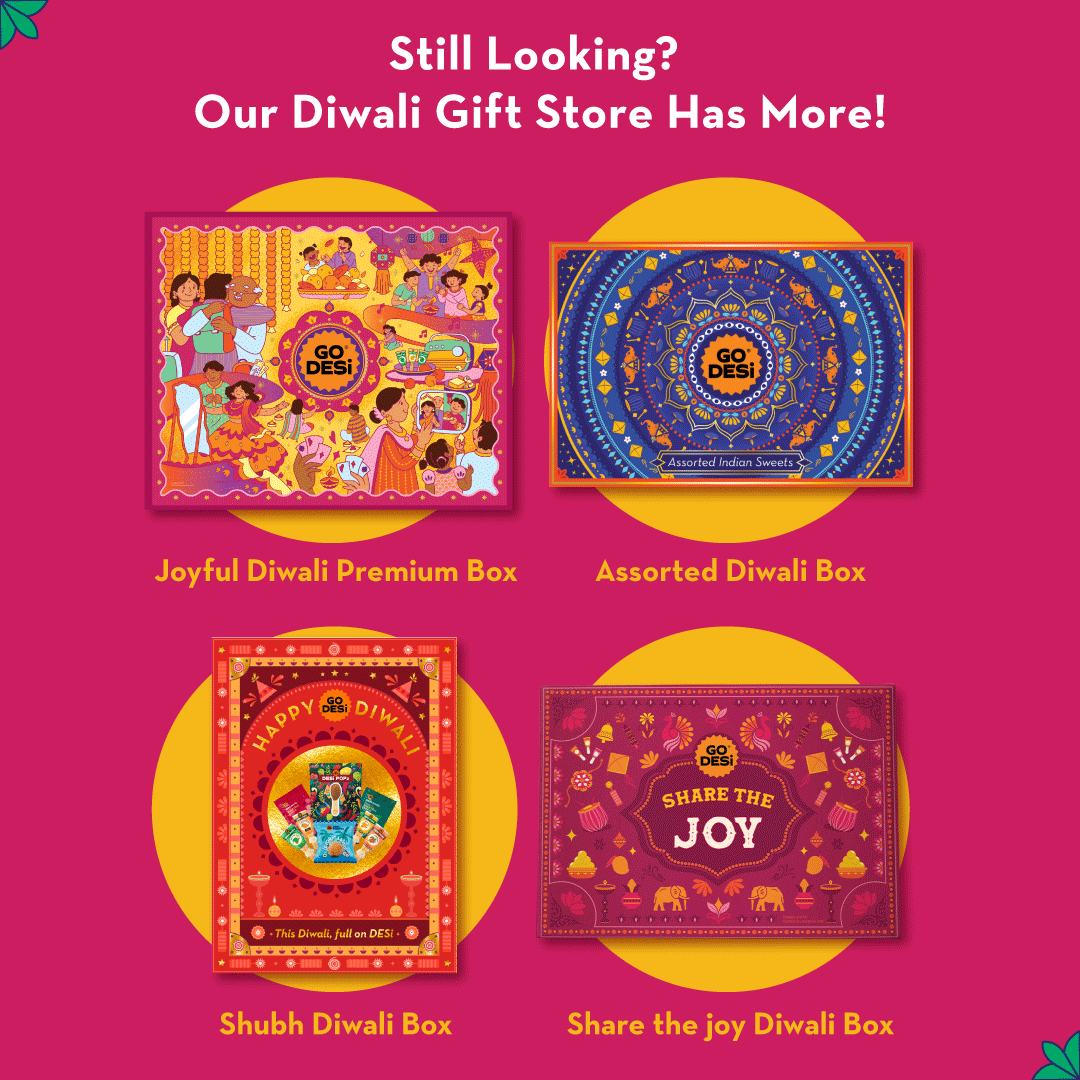 17 Items | DESi Fun Diwali Gift Box | By GO DESi | Diwali Diya Set | Toran | Kaju Katli | DESi POPz: Tangy Imli, Real Aam, Kaccha Aam | Badam Coconut Barfi | Kaju Kishmish Coconut Barfi | Meetha Paan | Fruti Twist: Real Aam, Kaccha Aam, Guava