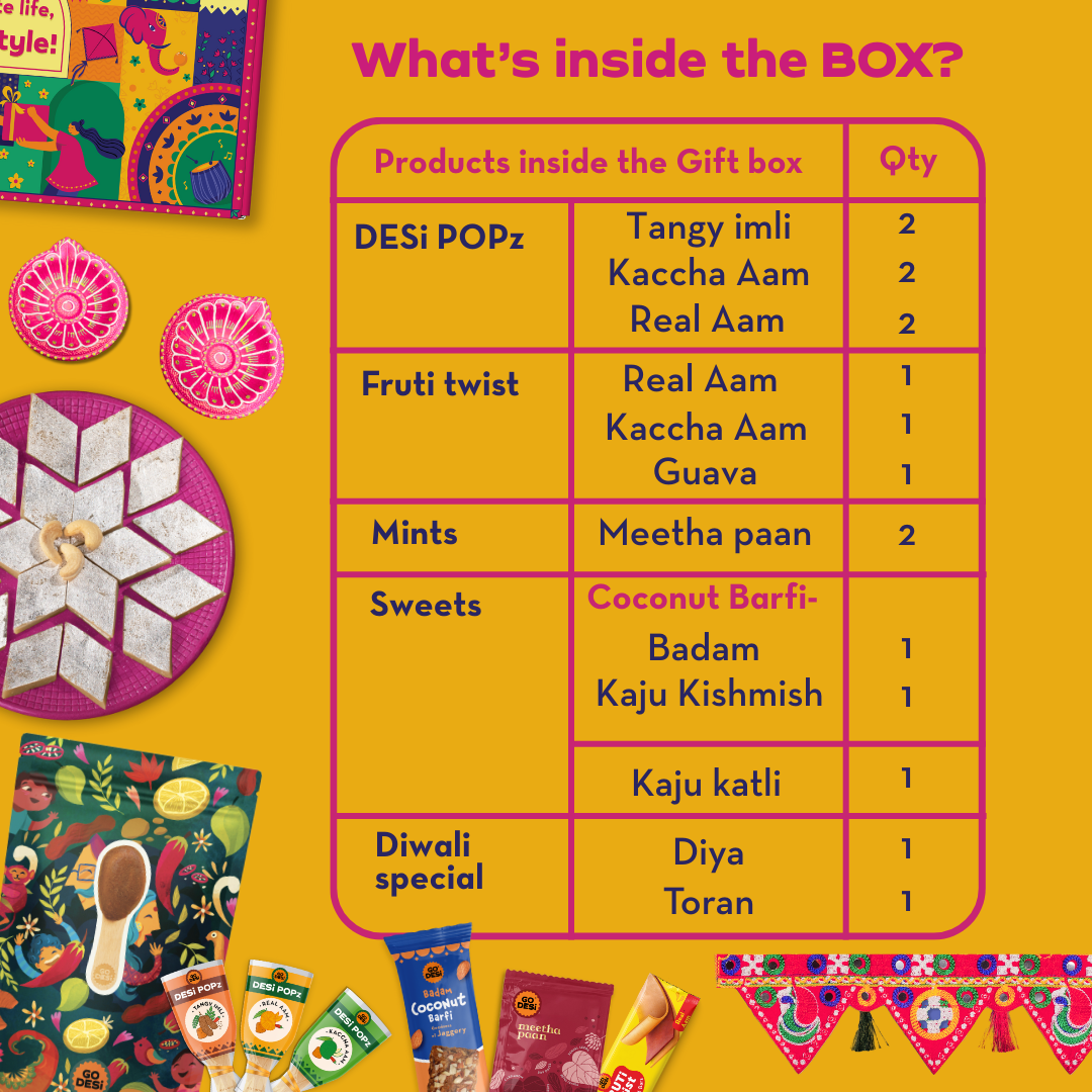 17 Items | DESi Fun Diwali Gift Box | By GO DESi | Diwali Diya Set | Toran | Kaju Katli | DESi POPz: Tangy Imli, Real Aam, Kaccha Aam | Badam Coconut Barfi | Kaju Kishmish Coconut Barfi | Meetha Paan | Fruti Twist: Real Aam, Kaccha Aam, Guava