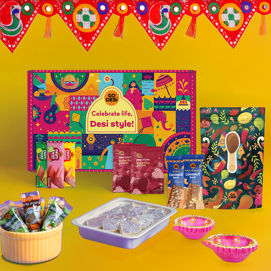 17 Items | DESi Fun Diwali Gift Box | By GO DESi | Diwali Diya Set | Toran | Kaju Katli | DESi POPz: Tangy Imli, Real Aam, Kaccha Aam | Badam Coconut Barfi | Kaju Kishmish Coconut Barfi | Meetha Paan | Fruti Twist: Real Aam, Kaccha Aam, Guava