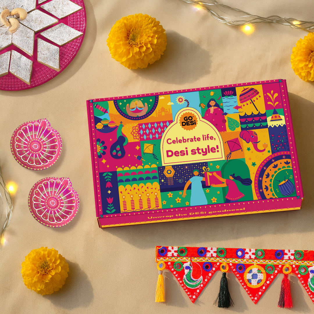 17 Items | DESi Fun Diwali Gift Box | By GO DESi | Diwali Diya Set | Toran | Kaju Katli | DESi POPz: Tangy Imli, Real Aam, Kaccha Aam | Badam Coconut Barfi | Kaju Kishmish Coconut Barfi | Meetha Paan | Fruti Twist: Real Aam, Kaccha Aam, Guava