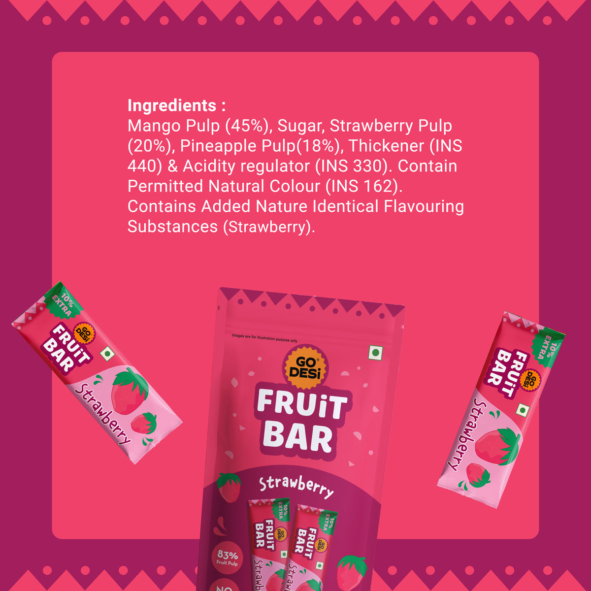 Strawberry Fruit Bar | 83% Fruit Pulp | Pack of 10