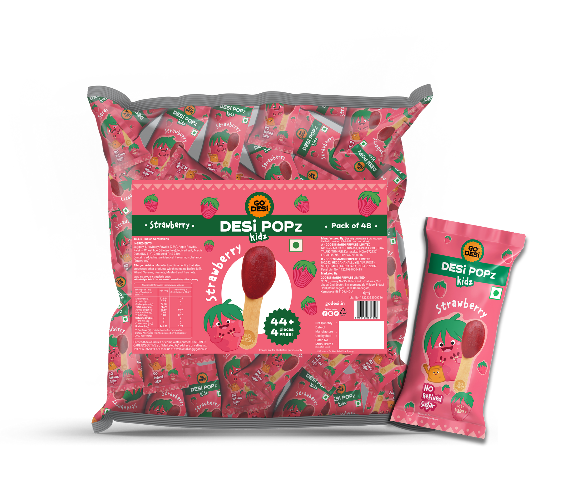 Strawberry Popz - Kidz | No refined sugar | Jaggery Lollipops | Hand-made | 44+4 PCS