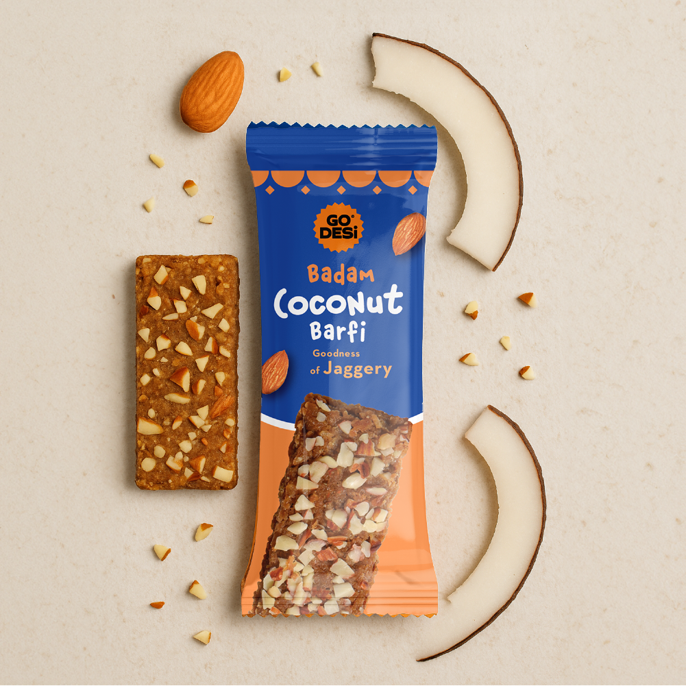 GO DESi - Badam Coconut Barfi | Dry Fruits Sweet | Almond Nuts Bar | Indian Mithai | Sweets Gift Pack | No Added Sugar | Pack of 8 | 12 grams each