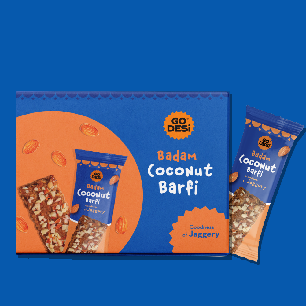 GO DESi - Badam Coconut Barfi | Dry Fruits Sweet | Almond Nuts Bar | Indian Mithai | Sweets Gift Pack | No Added Sugar | Pack of 8 | 12 grams each