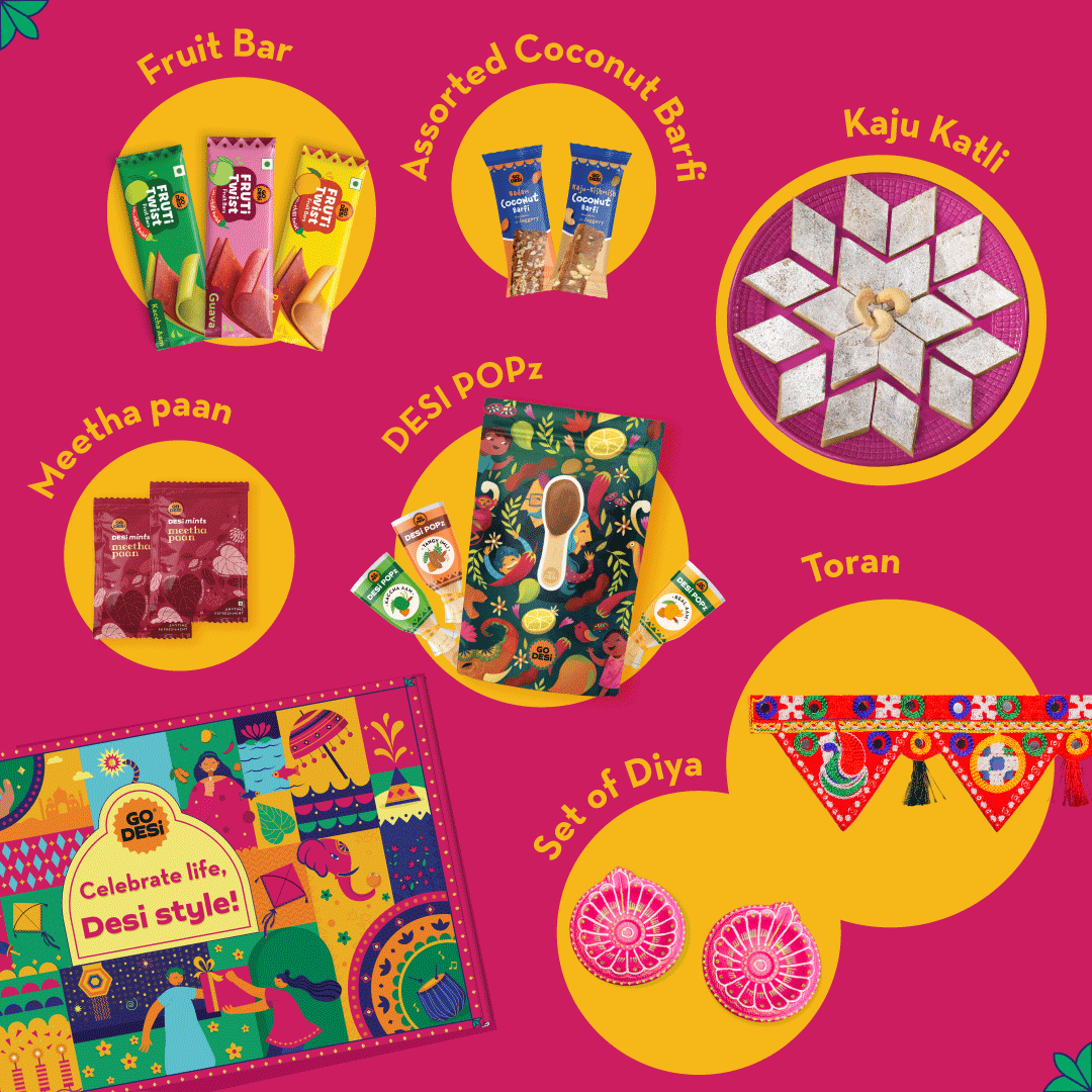 17 Items | DESi Fun Diwali Gift Box | By GO DESi | Diwali Diya Set | Toran | Kaju Katli | DESi POPz: Tangy Imli, Real Aam, Kaccha Aam | Badam Coconut Barfi | Kaju Kishmish Coconut Barfi | Meetha Paan | Fruti Twist: Real Aam, Kaccha Aam, Guava
