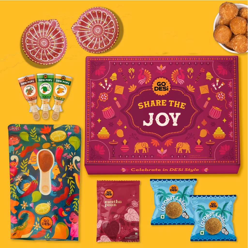 12 Items | Share the Joy Diwali Gift Box | By GO DESi | Diwali Diya Set | Coconut Laddu | DESi POPz: Tangy Imli, Real Aam, Kaccha Aam | Meetha Paan