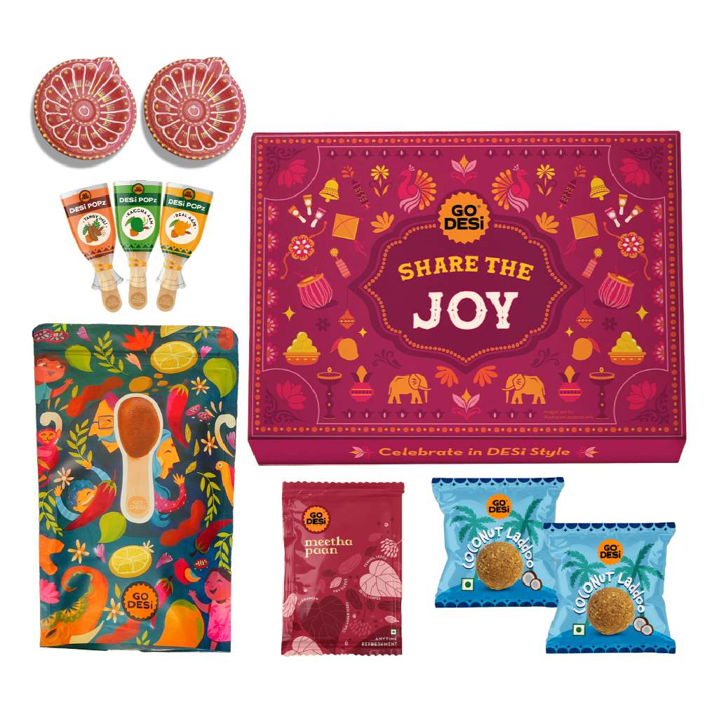 12 Items | Share the Joy Diwali Gift Box | By GO DESi | Diwali Diya Set | Coconut Laddu | DESi POPz: Tangy Imli, Real Aam, Kaccha Aam | Meetha Paan