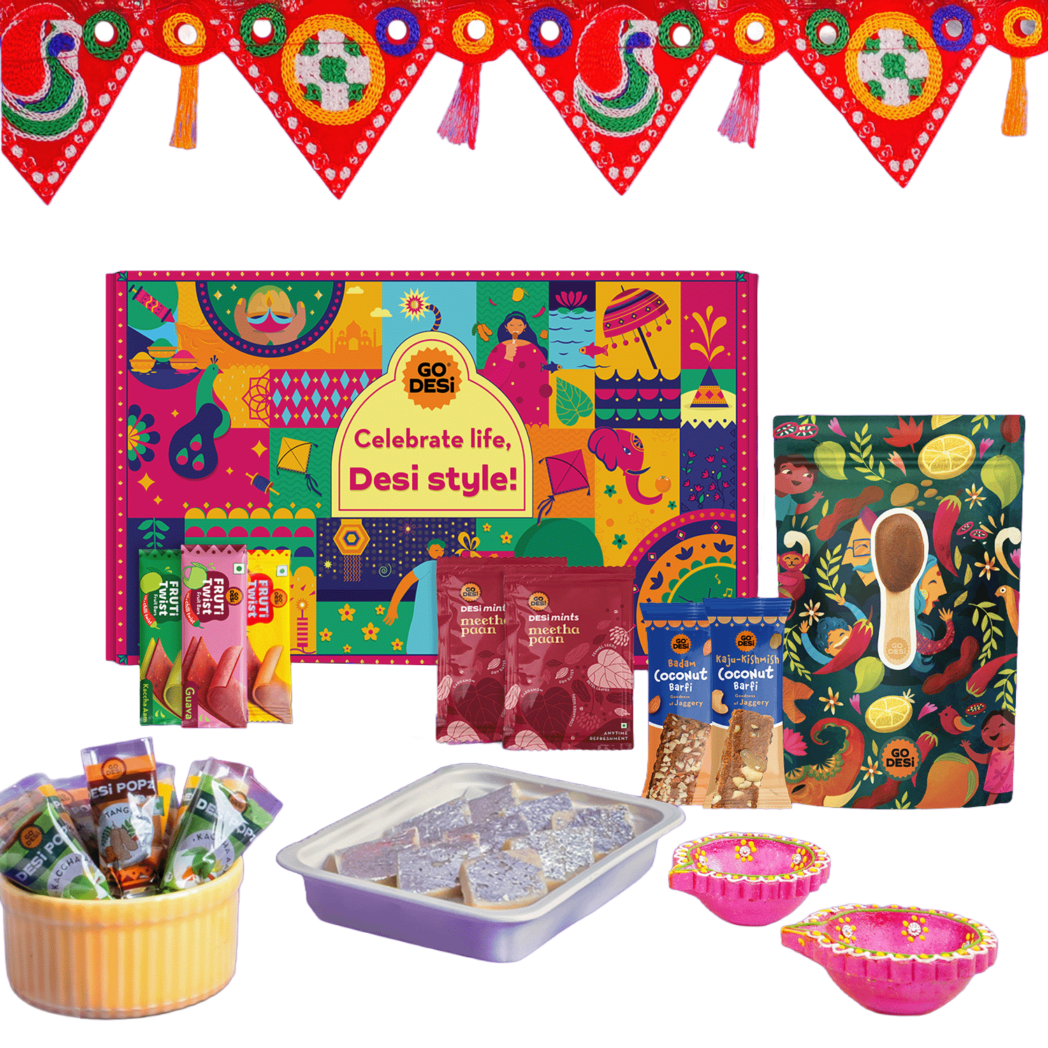 17 Items | DESi Fun Diwali Gift Box | By GO DESi | Diwali Diya Set | Toran | Kaju Katli | DESi POPz: Tangy Imli, Real Aam, Kaccha Aam | Badam Coconut Barfi | Kaju Kishmish Coconut Barfi | Meetha Paan | Fruti Twist: Real Aam, Kaccha Aam, Guava