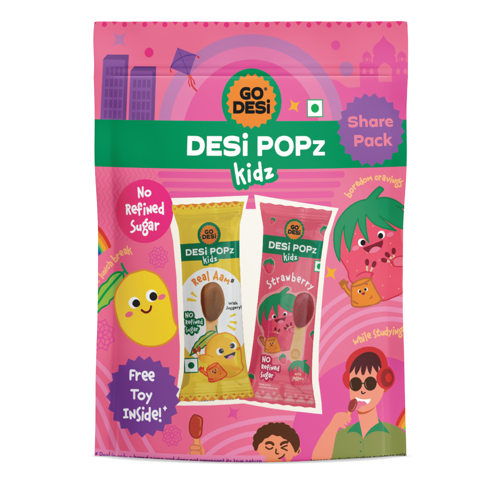 GO DESi Popz - Kids Popz | Strawberry and Real Aam Popz | Strawberry Toffee | Lollipop | Digestive Candy | Indian Snacks | 8 Pieces