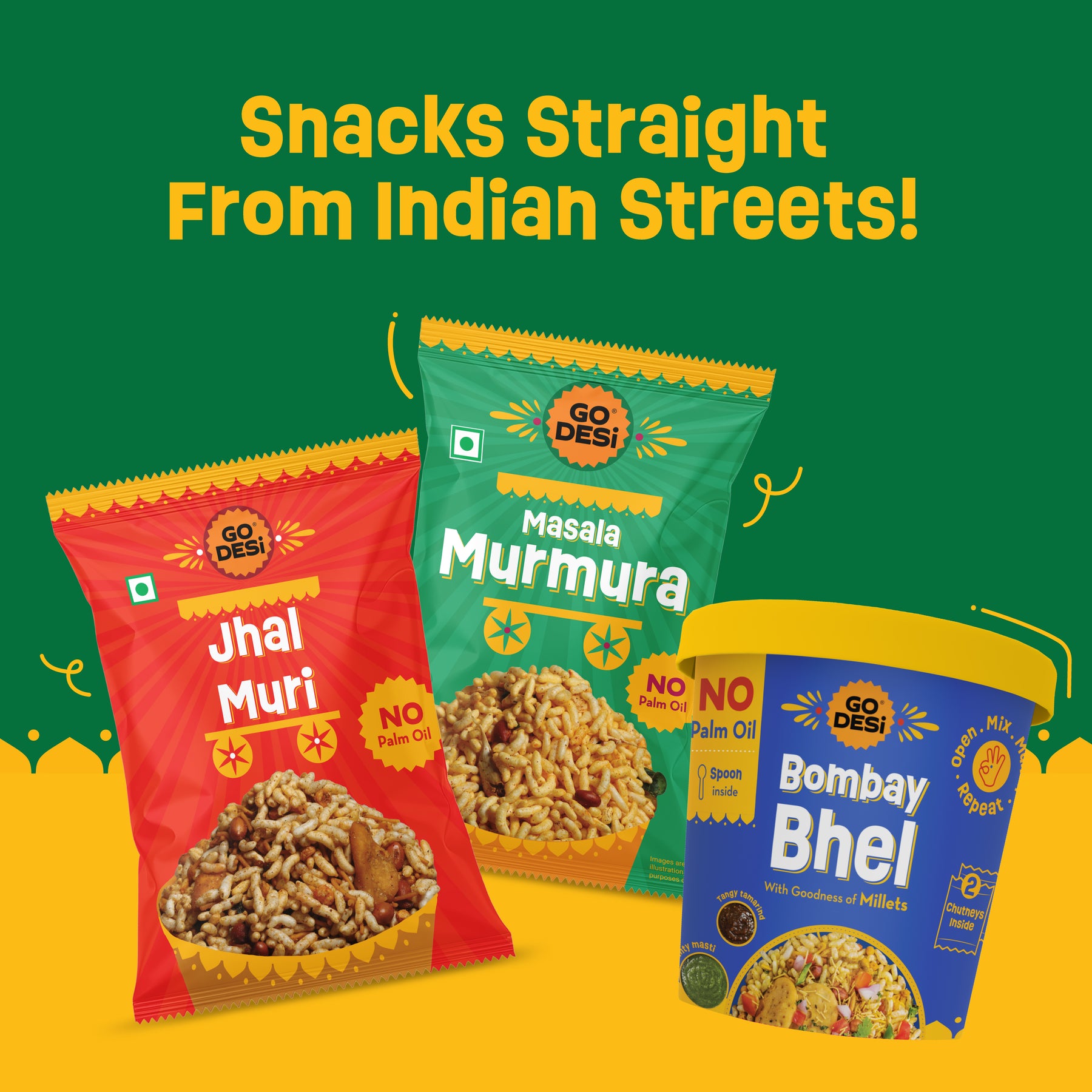 GO DESi - Garlic Masala Murmura |  Pack of 3 | No Palm Oil | Indian Snacks | Street Food | 100 gms