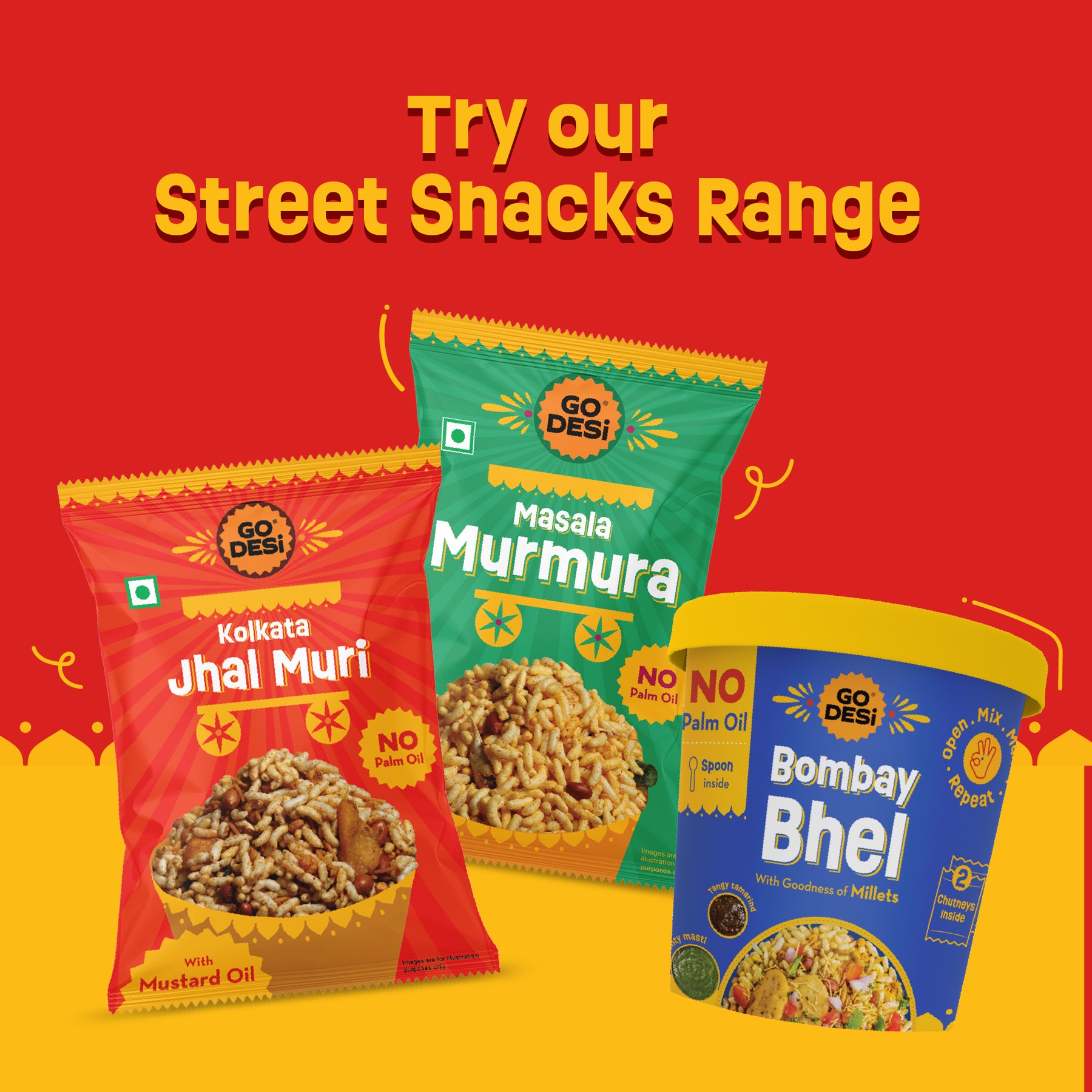 GO DESi - Street Snacks Combo | Kolkata Jhalmuri, Bombay Bhel & Garlic Masala Murmura | Pack of 3 | No Palm Oil | Indian Snacks | Street Food
