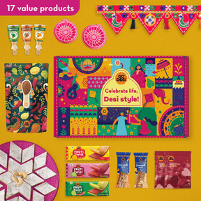 17 Items | DESi Fun Diwali Gift Box | By GO DESi | Diwali Diya Set | Toran | Kaju Katli | DESi POPz: Tangy Imli, Real Aam, Kaccha Aam | Badam Coconut Barfi | Kaju Kishmish Coconut Barfi | Meetha Paan | Fruti Twist: Real Aam, Kaccha Aam, Guava
