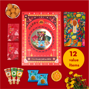 12 Items | Shubh Diwali Gift Box | By GO DESi | Diwali Diya Set | Coconut Laddu | DESi POPz: Tangy Imli, Real Aam, Kaccha Aam | Meetha Paan