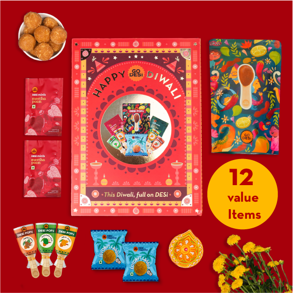 12 Items | Shubh Diwali Gift Box | By GO DESi | Diwali Diya Set | Coconut Laddu | DESi POPz: Tangy Imli, Real Aam, Kaccha Aam | Meetha Paan