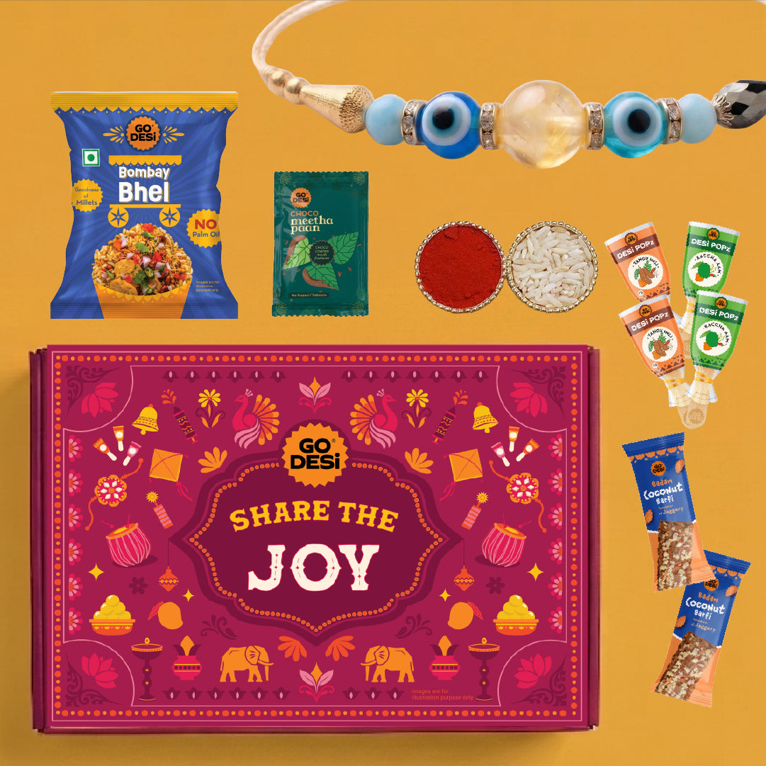 Share the Joy Gift Box | Evil Eye Stone Rakhi by Japam | 12 Value Items
