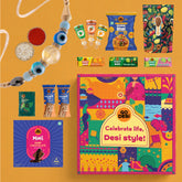 DESi Fun Gift Box | Evil Eye Stone Rakhi by Japam | 18 Value Items