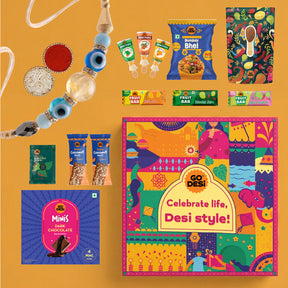 DESi Fun Gift Box | Evil Eye Stone Rakhi by Japam | 18 Value Items
