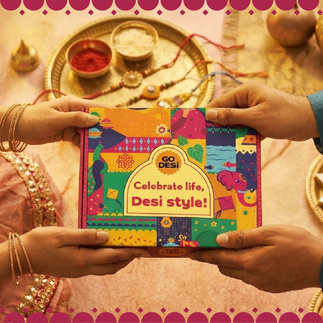 DESi Fun Gift Box | Evil Eye Stone Rakhi by Japam | 18 Value Items