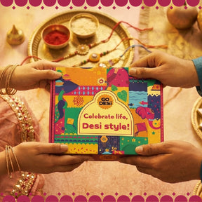 DESi Fun Gift Box | Evil Eye Stone Rakhi by Japam | 18 Value Items