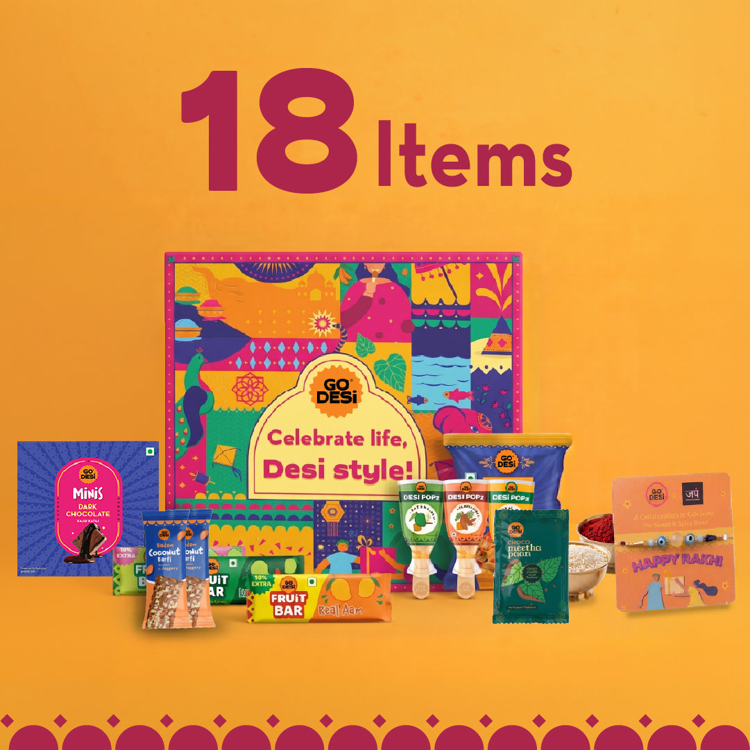DESi Fun Gift Box | Evil Eye Stone Rakhi by Japam | 18 Value Items