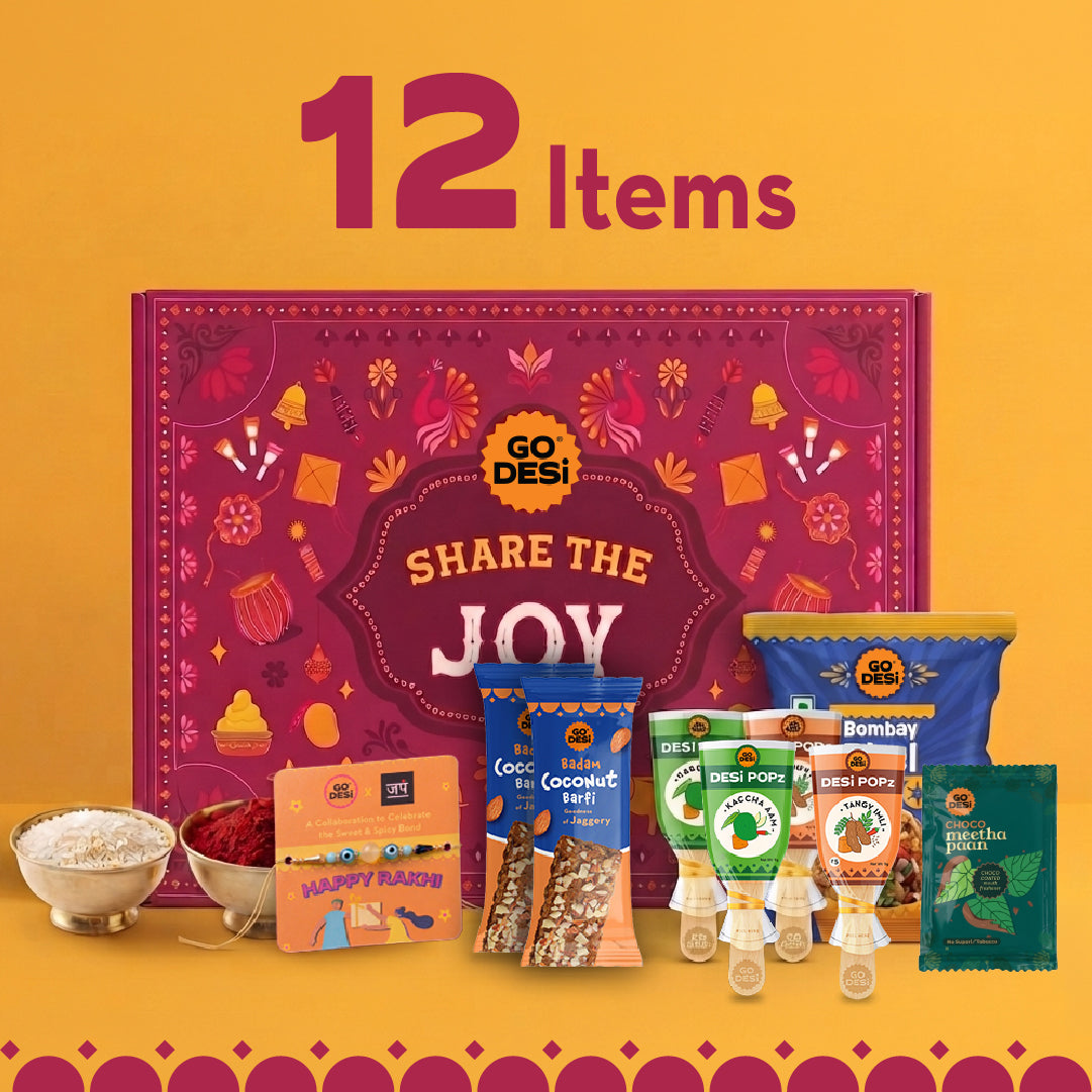 Share the Joy Gift Box | Evil Eye Stone Rakhi by Japam | 12 Value Items