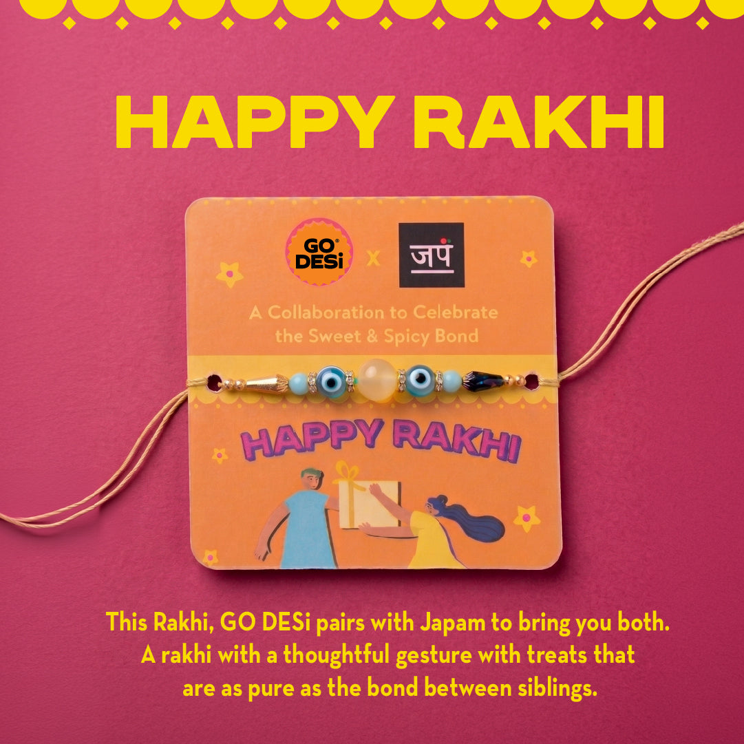 DESi Fun Gift Box | Evil Eye Stone Rakhi by Japam | 18 Value Items