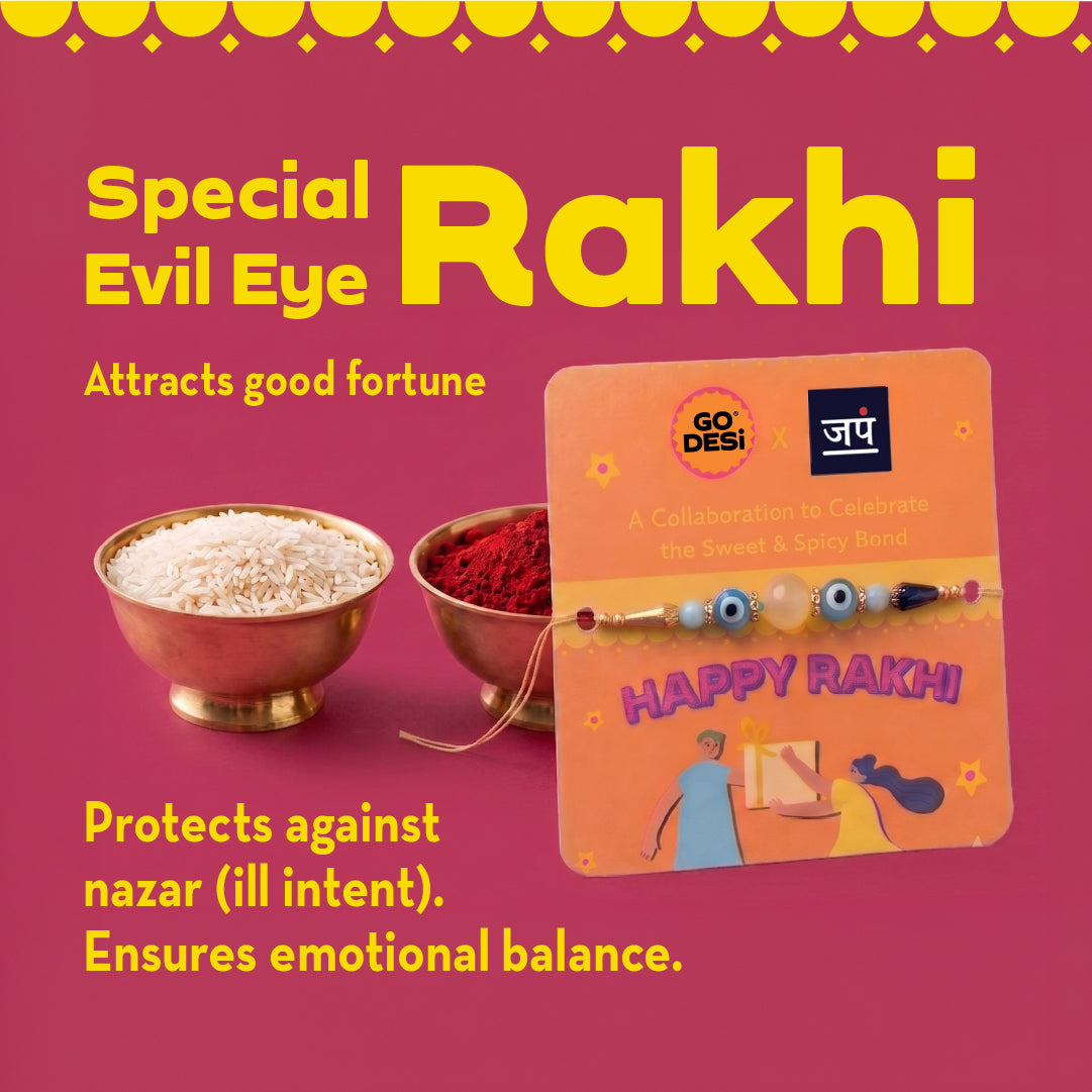 Share the Joy Gift Box | Evil Eye Stone Rakhi by Japam | 12 Value Items