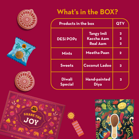 12 Items | Share the Joy Diwali Gift Box | By GO DESi | Diwali Diya Set | Coconut Laddu | DESi POPz: Tangy Imli, Real Aam, Kaccha Aam | Meetha Paan