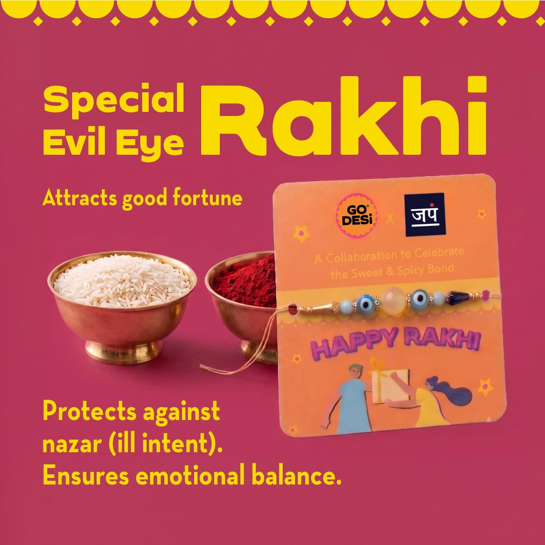 DESi Fun Gift Box | Evil Eye Stone Rakhi by Japam | 18 Value Items