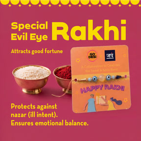 DESi Fun Gift Box | Evil Eye Stone Rakhi by Japam | 18 Value Items