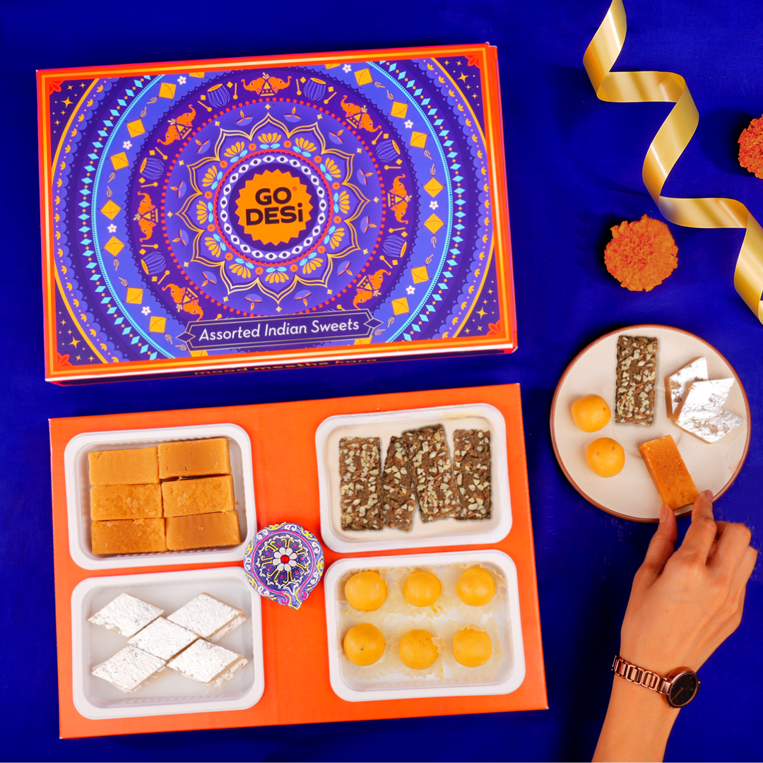 GO DESi - Assorted Meetha Diwali Gift Box | Diwali Diya | Kaju Katli | Besan Laddoo | Mysore Pak | Badam Coconut Barfi