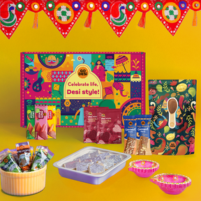 17 Items | DESi Fun Diwali Gift Box | By GO DESi | Diwali Diya Set | Toran | Kaju Katli | DESi POPz: Tangy Imli, Real Aam, Kaccha Aam | Badam Coconut Barfi | Kaju Kishmish Coconut Barfi | Meetha Paan | Fruti Twist: Real Aam, Kaccha Aam, Guava