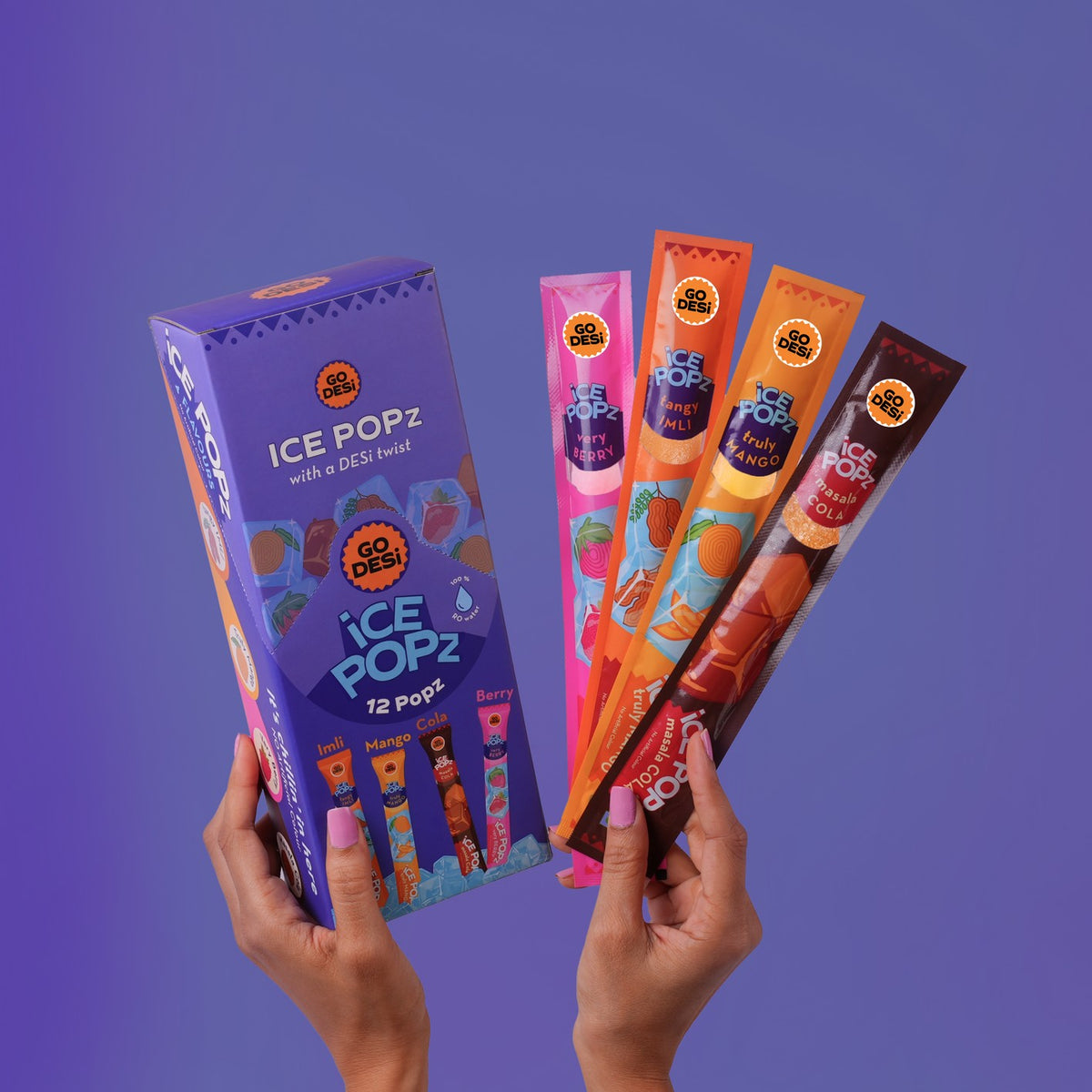 ICE Popz |12-Pack Assorted | 4 Flavours Fruit Ice Popsicles | Ice Pops (70ml Each) - Masala Cola, Truly Mango, Very Berry, Tangy Imli
