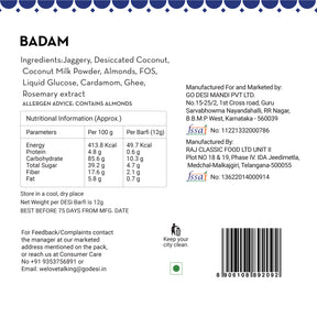 Badam Barfi | 420 Gms | Coconut & Jaggery